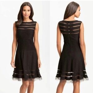 Tadashi Shoji Fit & Flare Sleeveless Illusion Stripes Dress in Black, sz Med Pet